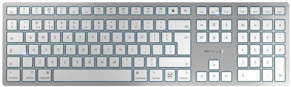 Silver wireless keyboard with a slim design, featuring a UK layout, white keys with blue accents, and a compact, modern aesthetic suitable for Mac devices.