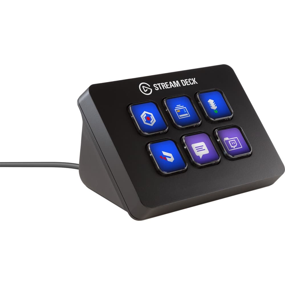 Black customizable LCD controller with six programmable buttons, featuring vibrant icons for content creation, angled design, and a connected cable.