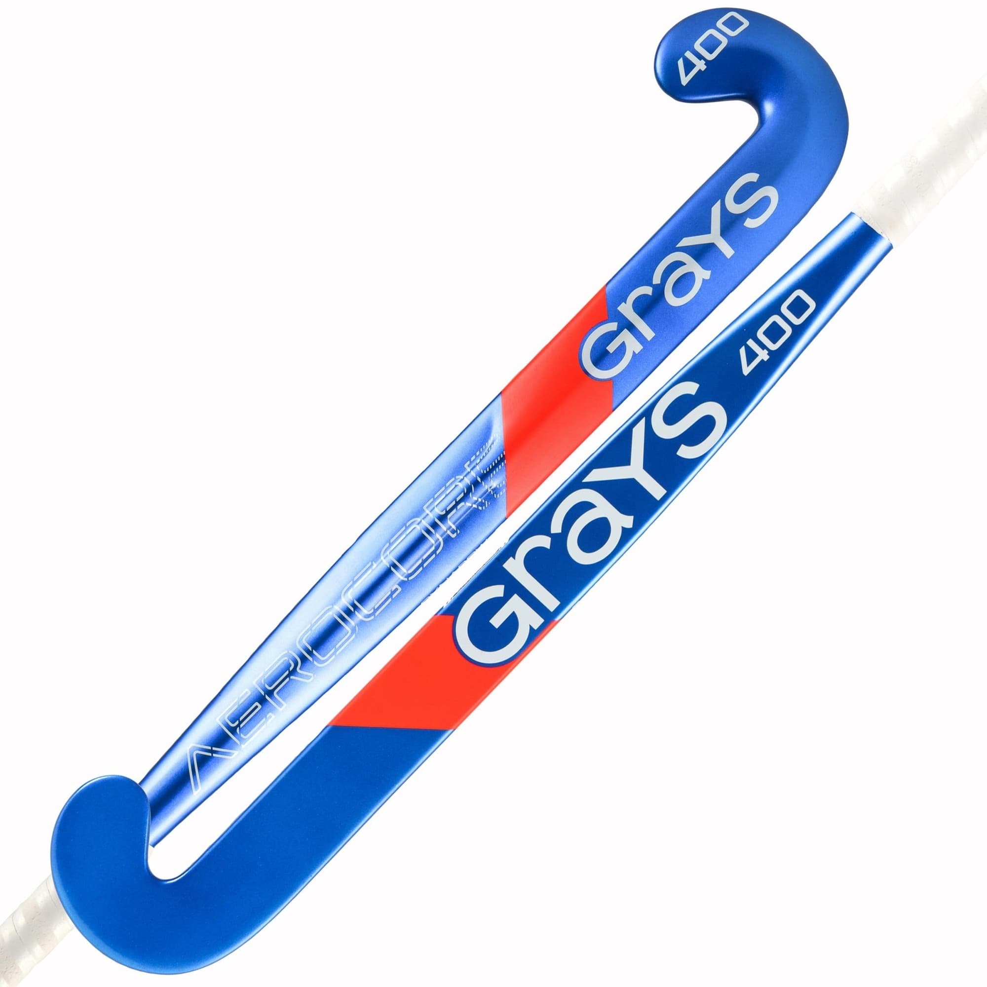 Blue and white composite hockey stick with a curved hook, featuring red accents and "Grays 400" branding, designed for enhanced control and performance.