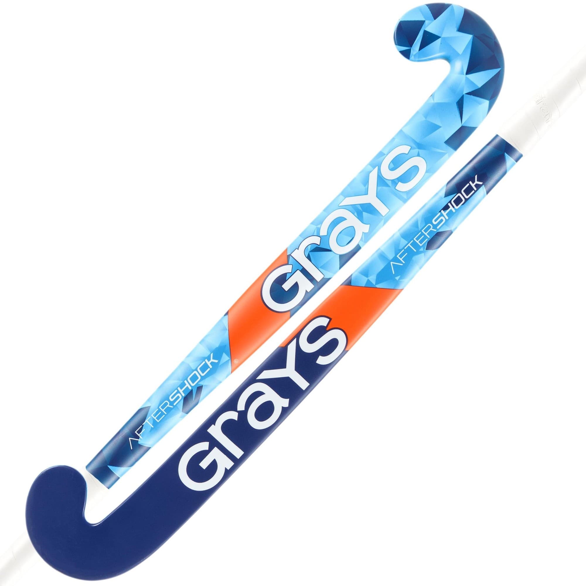 Blue and white junior hockey stick with a geometric design, featuring the "Grays" logo prominently, and an ultrabow shape for enhanced control and maneuverability.