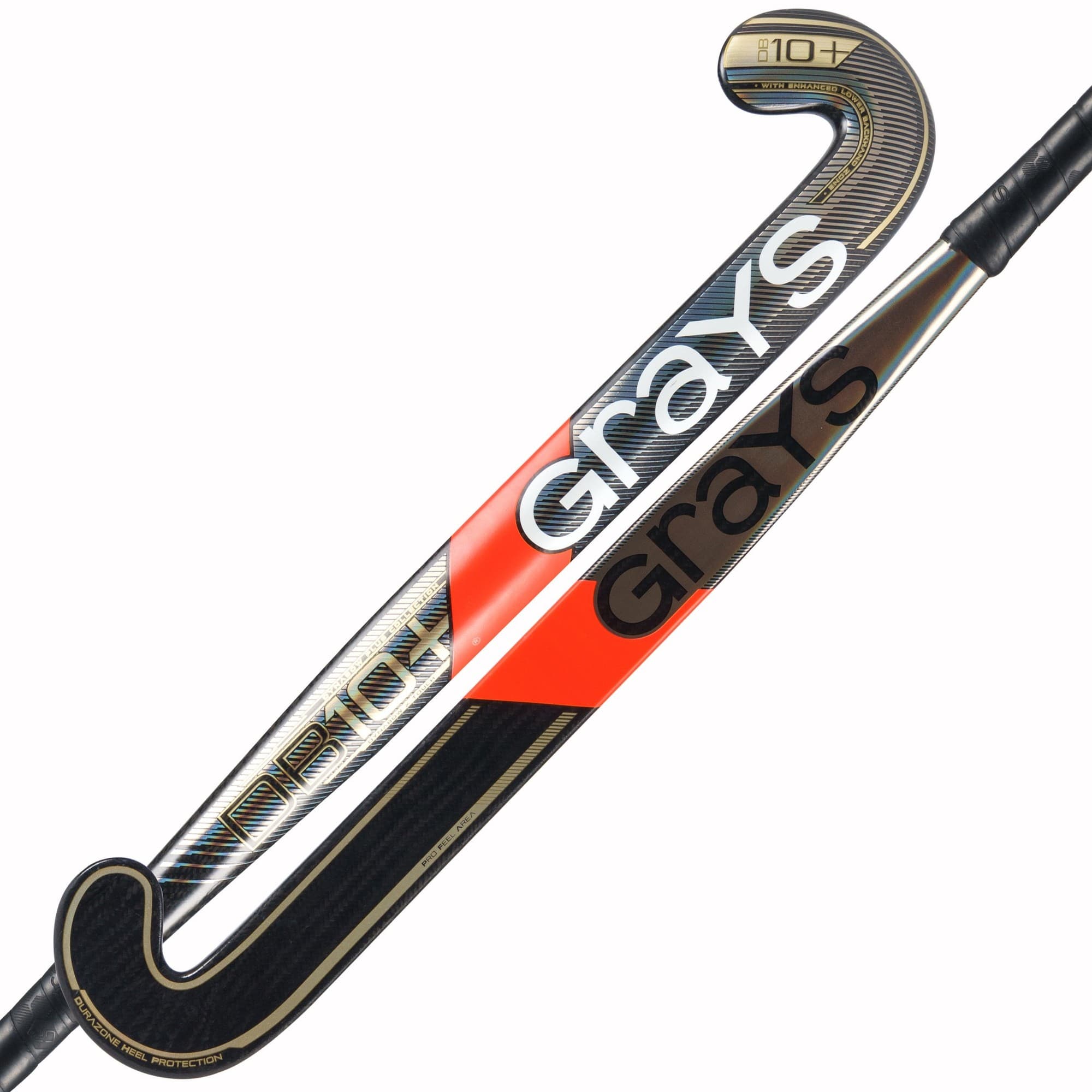 Grays Hockey DB 10+ field hockey stick featuring a black and orange design, made of composite material with a curved hook and textured grip for enhanced control.