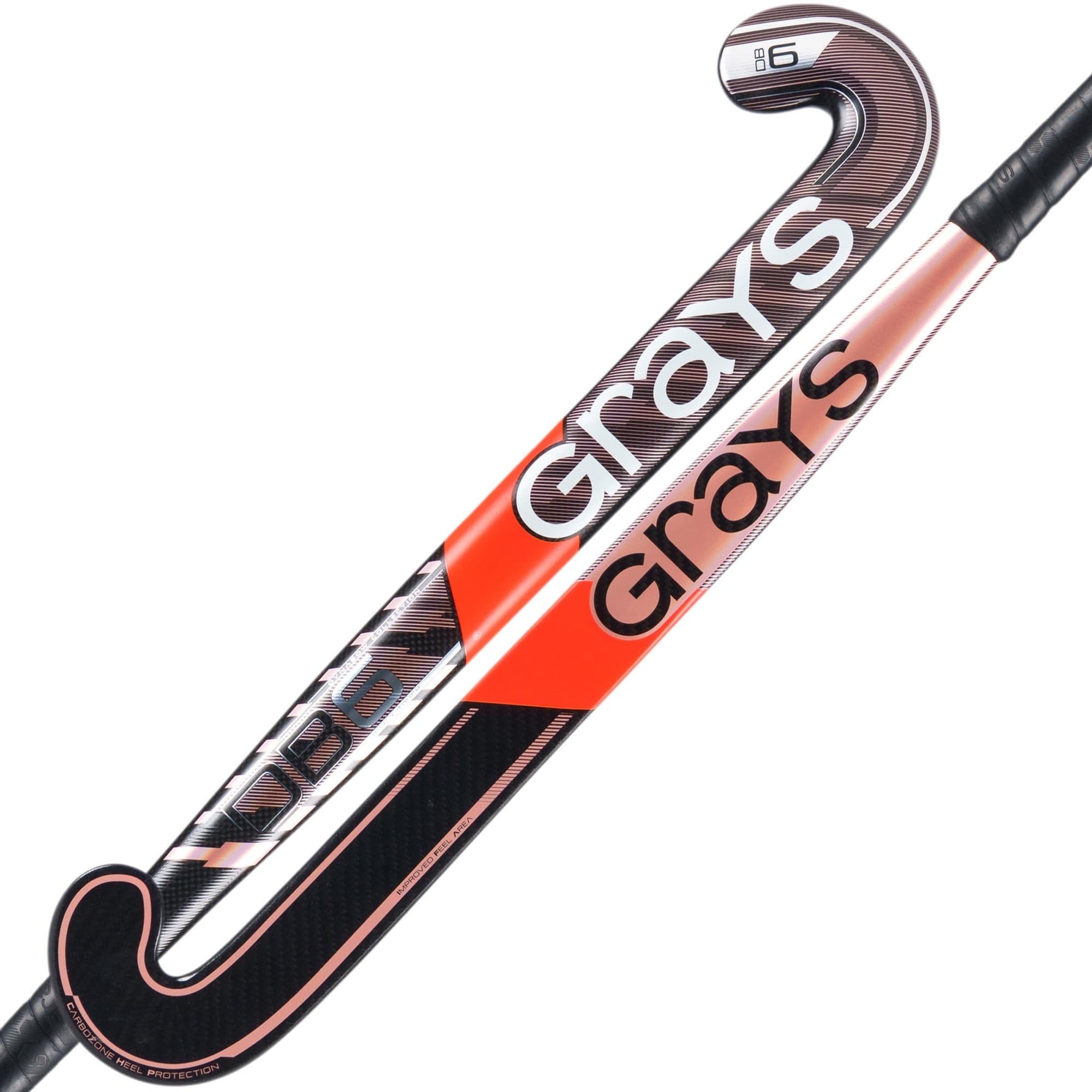 Black composite hockey stick with a curved hook, featuring bold "Grays" branding in white and orange accents, designed for junior players.