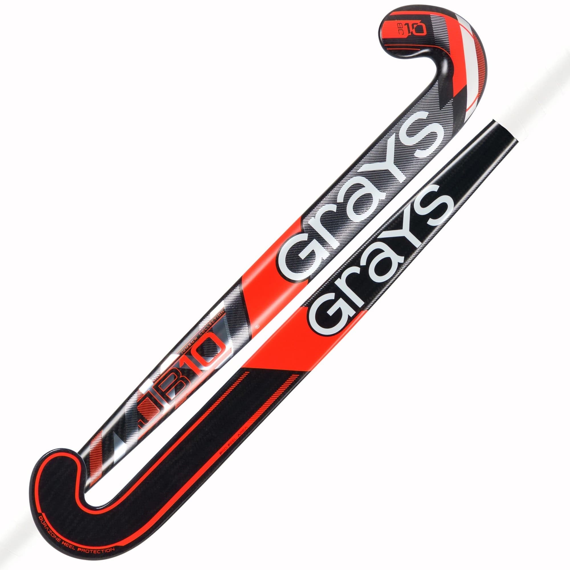 Grays JB 10 composite hockey stick featuring a sleek black and red design, with a curved hook and bold "Grays" branding along the shaft.