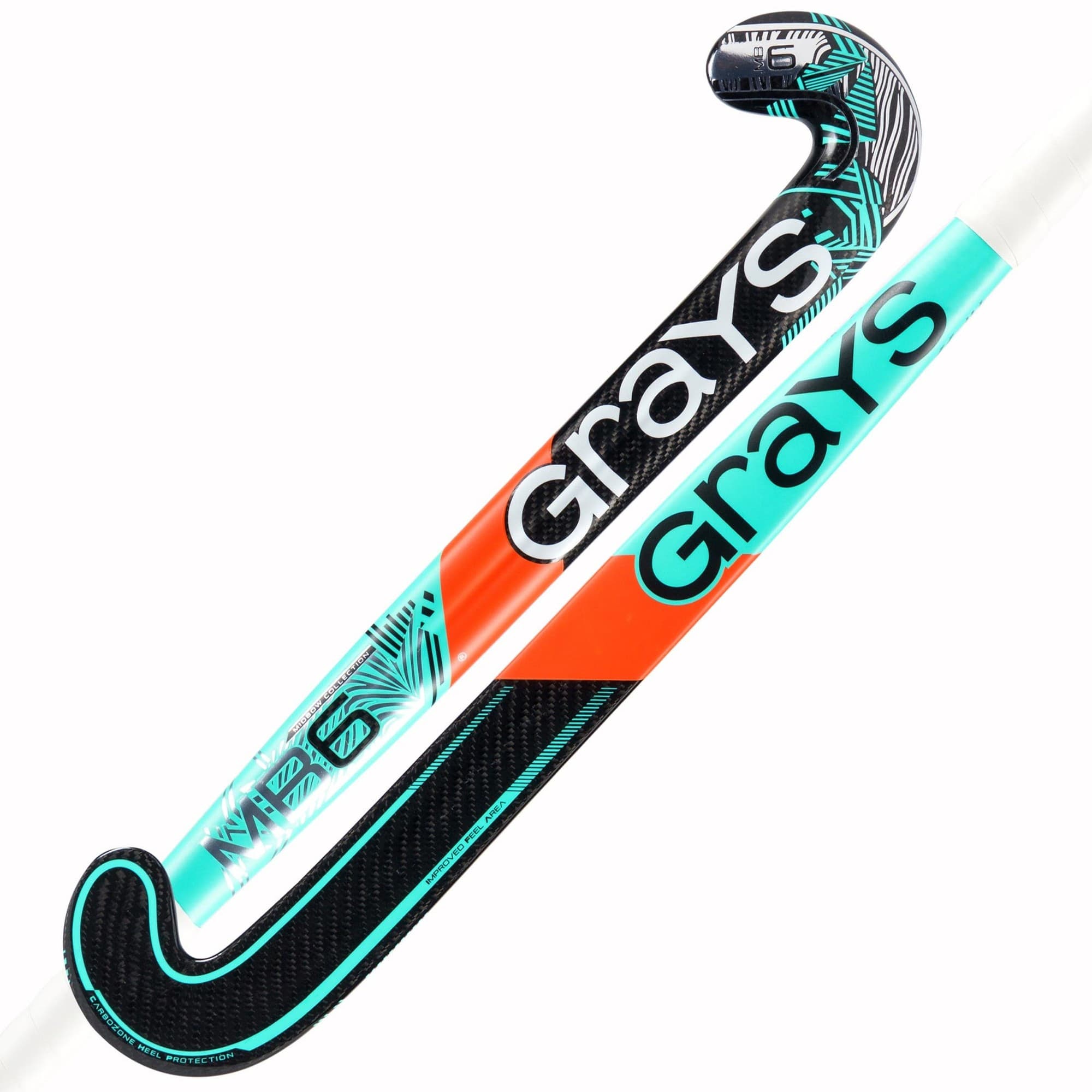 Black composite hockey stick with vibrant turquoise and orange accents, featuring a curved hook, textured grip, and bold "Grays" branding on the shaft.