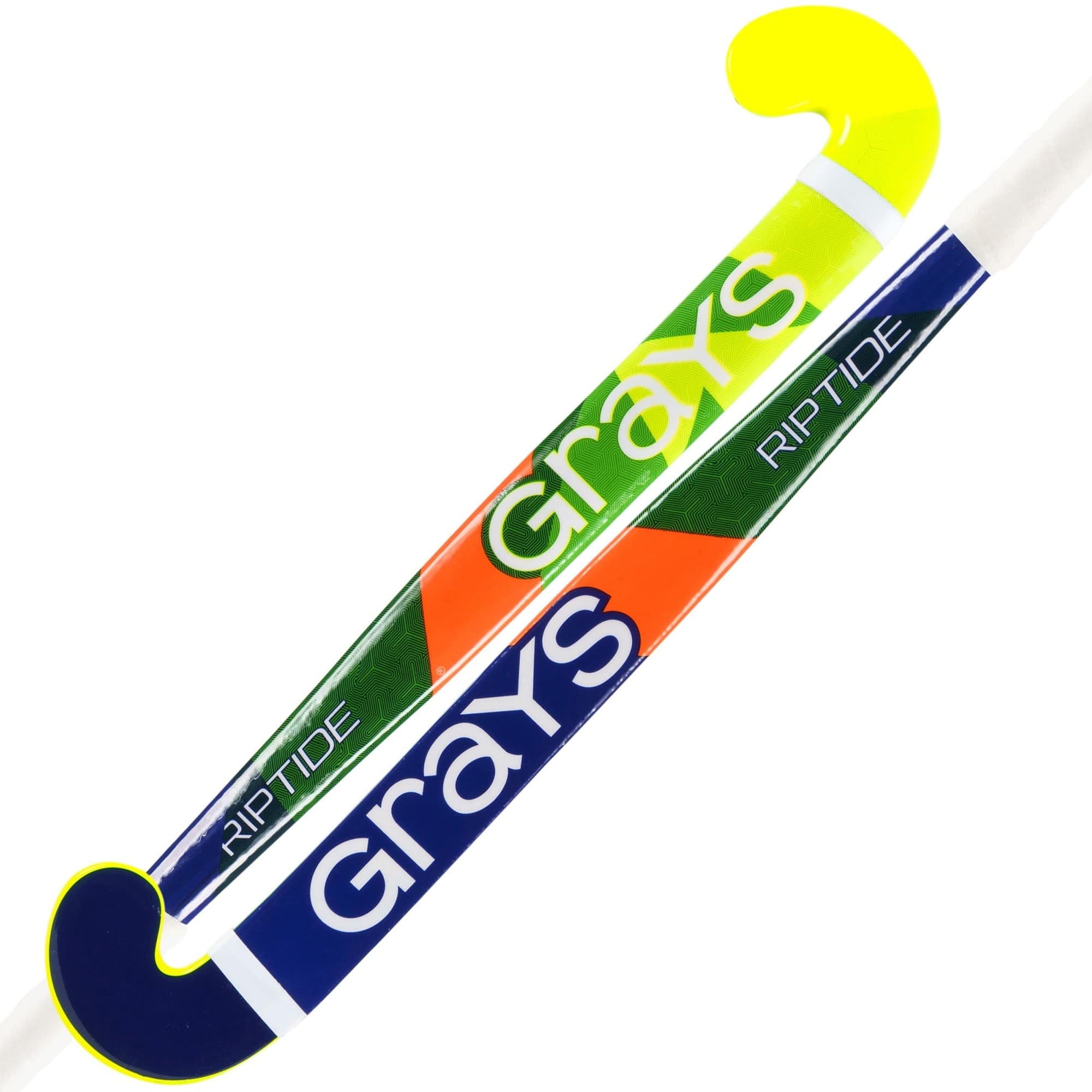 Grays Riptide Ultrabow Junior Hockey Stick features a vibrant design with neon yellow, orange, and green accents, made from durable composite material for enhanced performance.