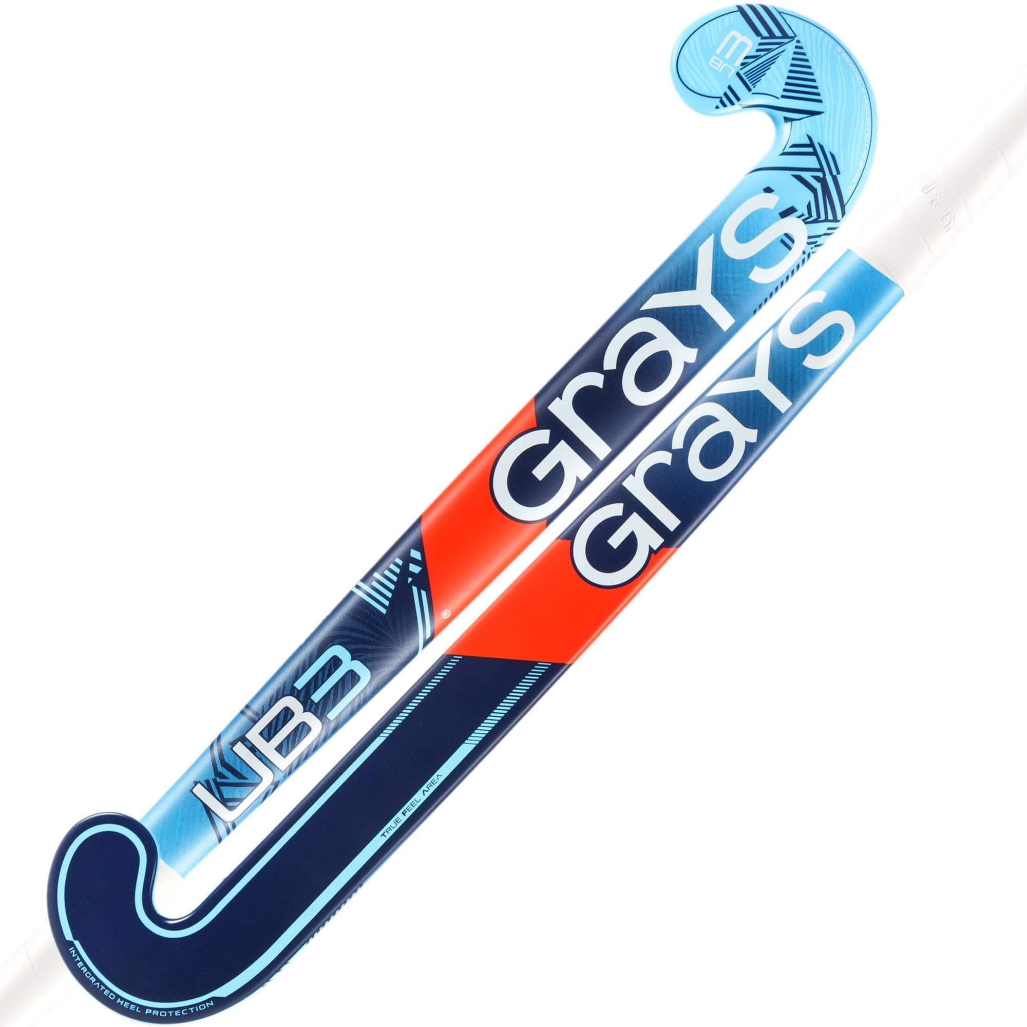 Grays UB 3 Junior Composite Hockey Stick features a blue and red design with a curved end, made from composite material, and prominently displays the "Grays" logo.