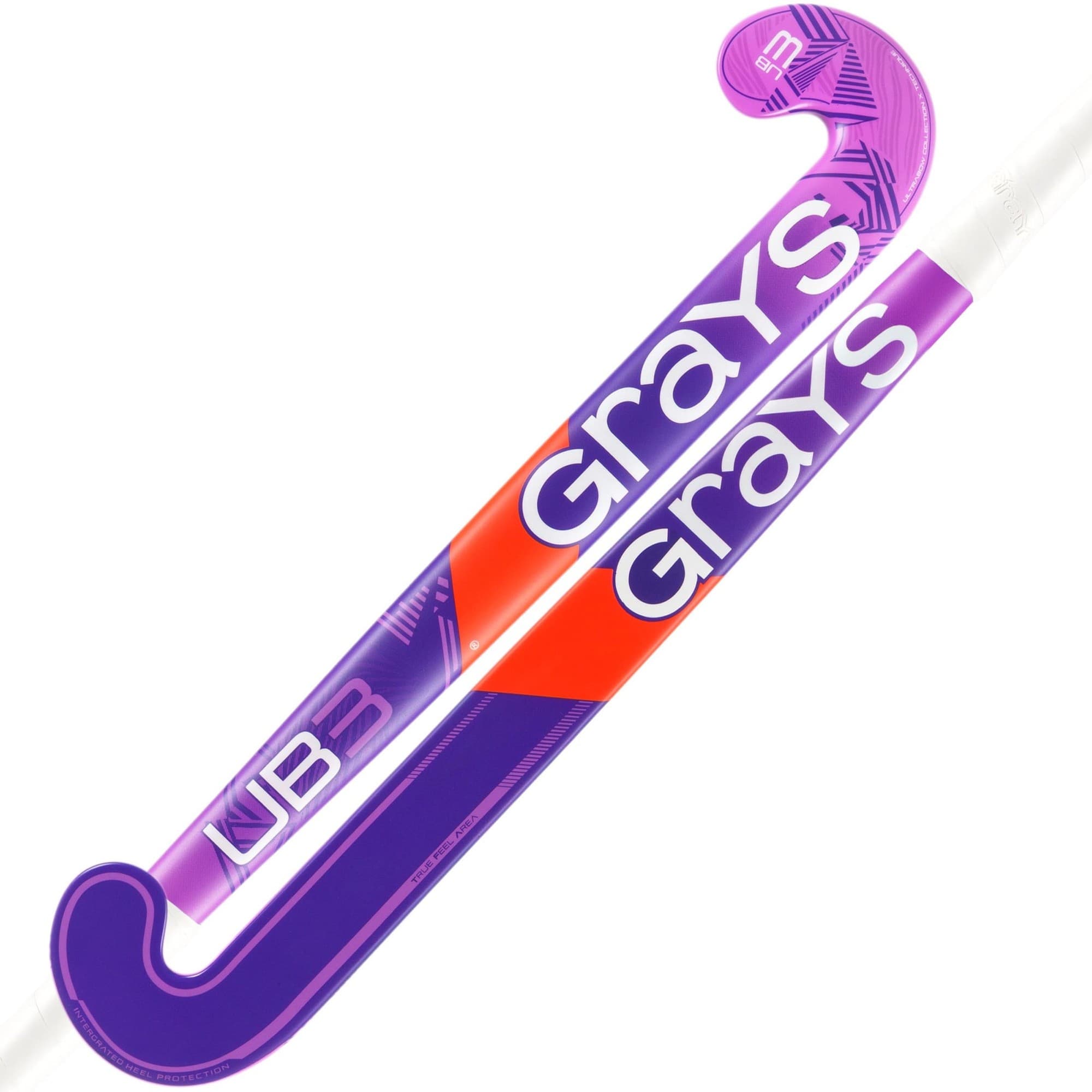 Purple and orange composite hockey stick featuring "Grays" branding, with a curved hook and textured grip for enhanced control and performance.