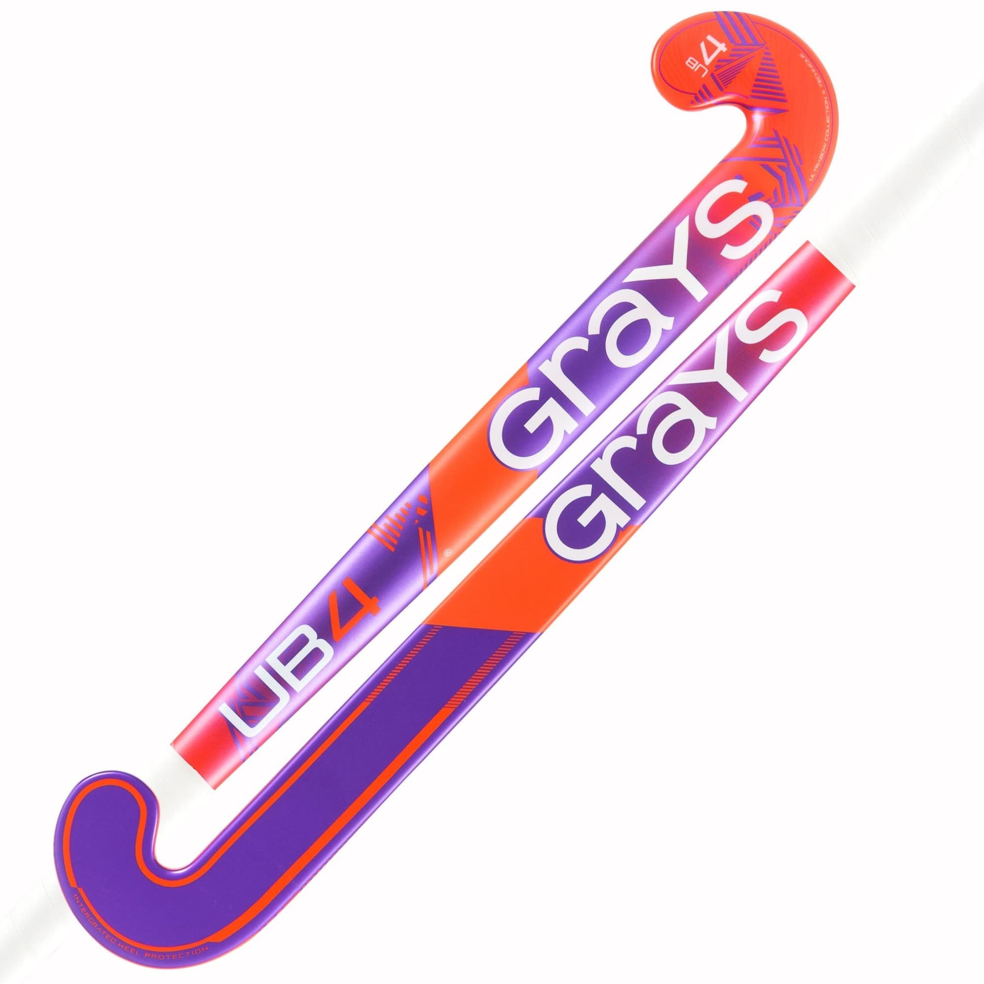 Purple and orange composite hockey stick with "Grays" branding, featuring a curved hook and a sleek design, ideal for junior players.