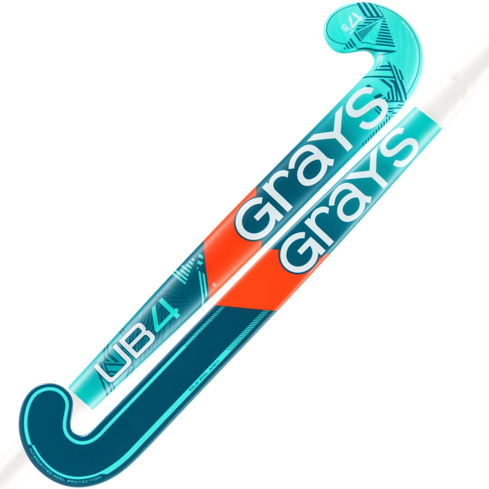 A teal and orange composite hockey stick featuring the Grays logo, with a curved hook and a sleek design, labeled "UB 4" for junior players.