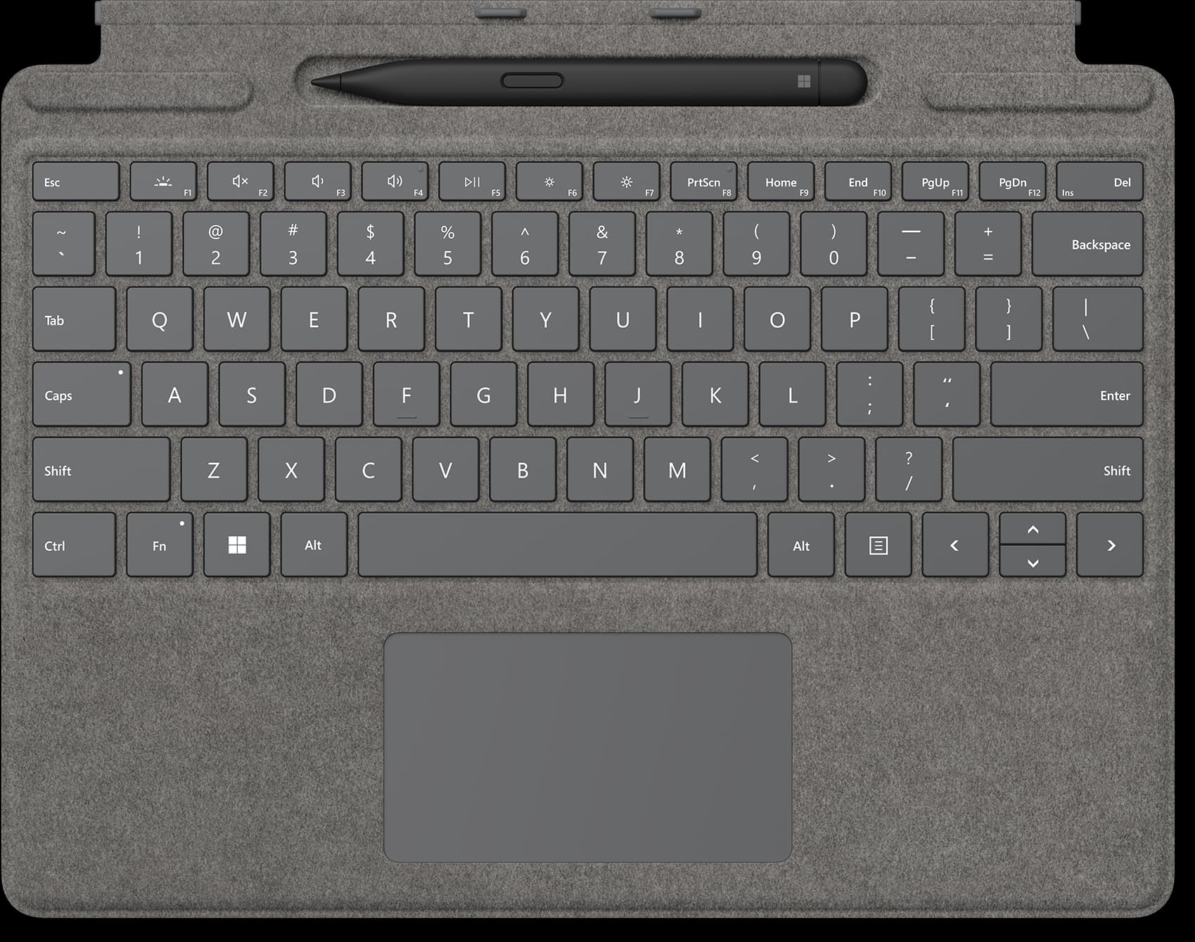 Microsoft Signature QWERTY UK English cover in black fabric with a slim pen resting on top, featuring a touchpad and well-spaced keys for comfortable typing.