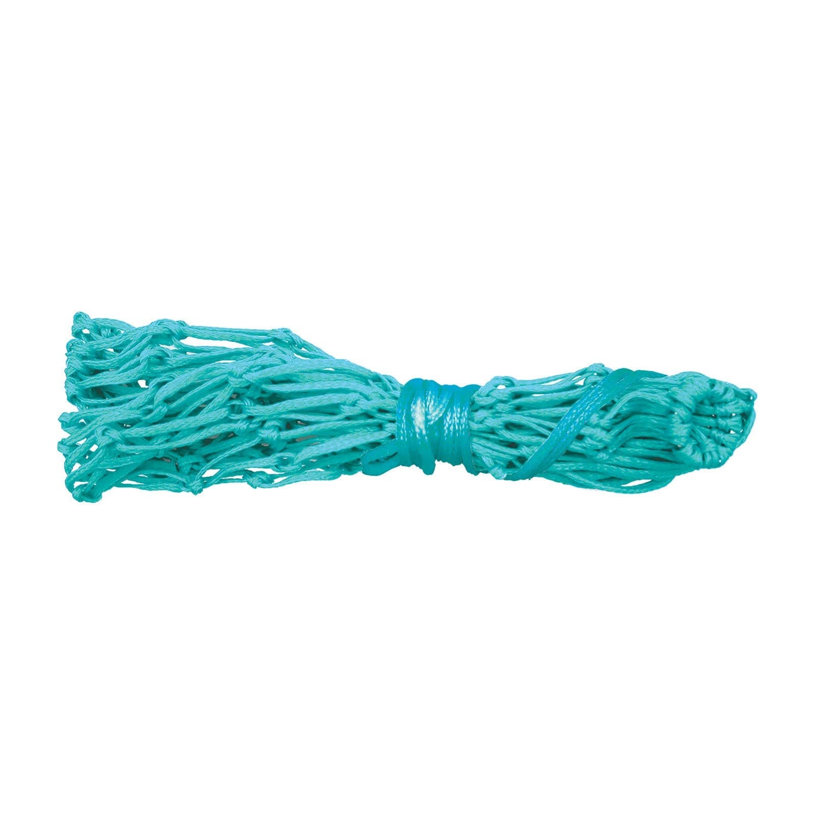 Small aqua mesh hay net made of durable polypropylene, featuring a tightly woven design with frayed ends for easy hanging and feeding.