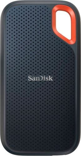 Black SanDisk Extreme Portable SSD with a textured surface, featuring a vibrant orange accent and a compact, lightweight design, ideal for on-the-go storage.