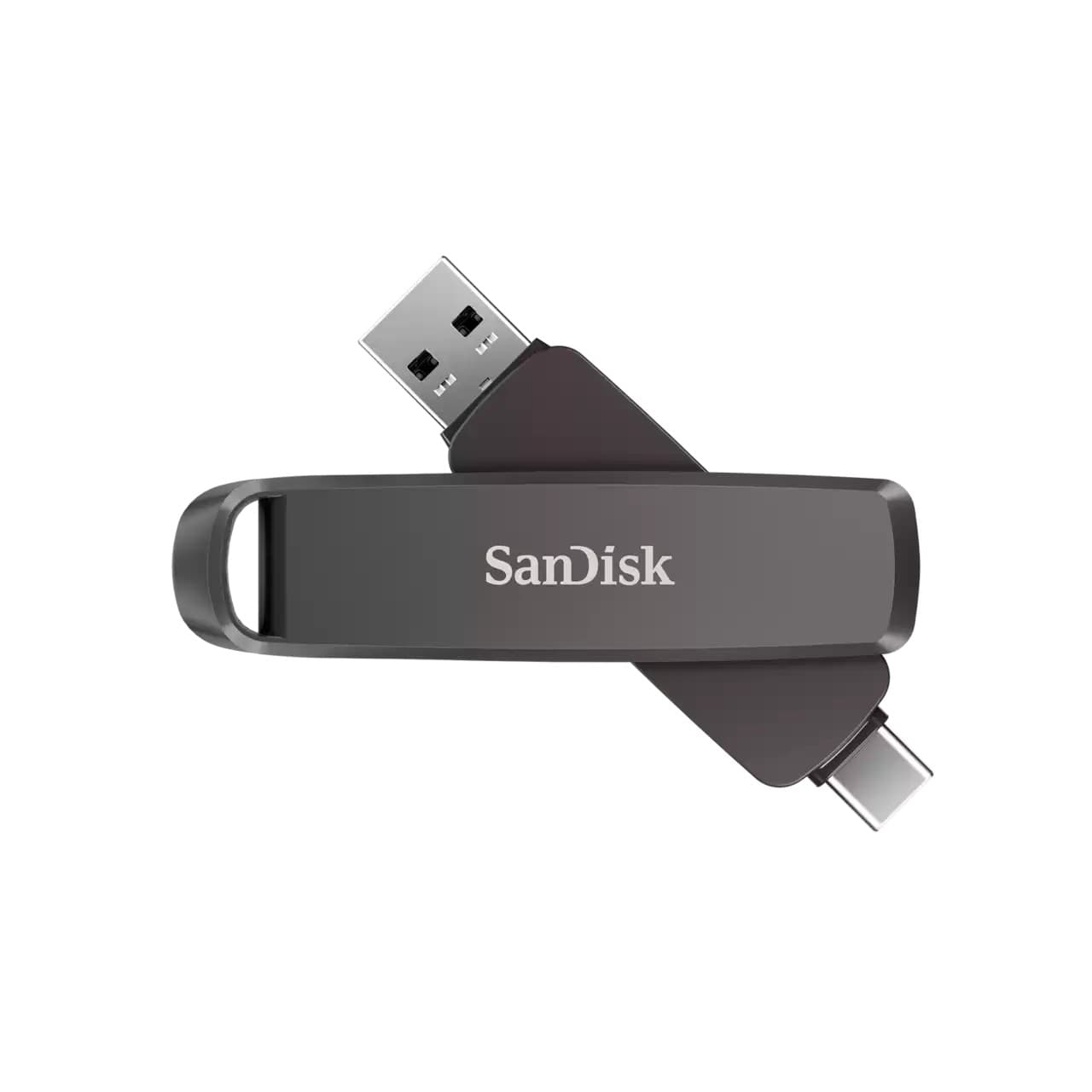 SanDisk 512GB Extreme Pro Dual Drive featuring a sleek black design with a USB Type-A and Type-C connector, showcasing the SanDisk logo prominently on the surface.