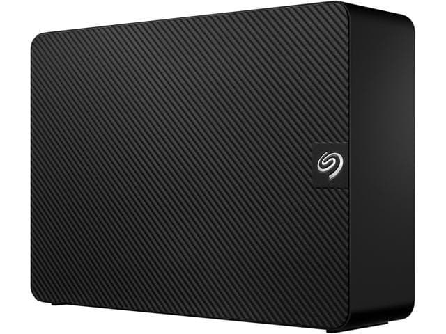 Black Seagate Expansion 4TB USB-A desktop external hard drive with a textured surface and a prominent Seagate logo on the front.