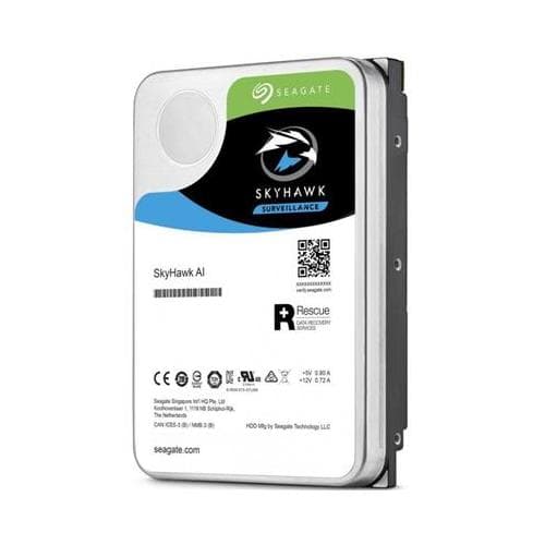 Seagate SkyHawk AI 10TB internal hard drive featuring a sleek silver and black design, with a blue and green label highlighting its surveillance capabilities and specifications.