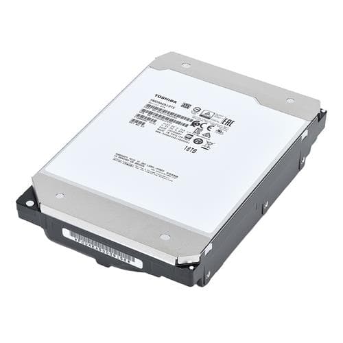 Toshiba MG09 18 TB internal hard drive featuring a sleek black casing, silver top, and labeled specifications on the white surface, designed for 3.5" Serial ATA III connections.