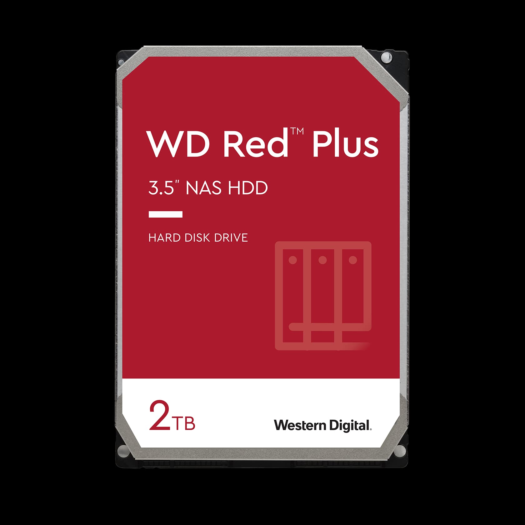 WD Red Plus 2TB NAS internal hard drive with a red and silver design, featuring a 5400 RPM speed, SATA 6 Gb/s interface, CMR technology, and a 64 MB cache.