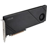 Black ASUS Hyper M.2 x16 Gen5 card with a sleek design, featuring a small cooling fan and PCIe connector.