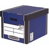 Blue Bankers Box Fellowes Premium Tall Archive Box with black edges and label area, pack of 5.