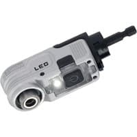Dewalt right angle hex impact attachment with LED light, silver and black design, compact and ergonomic shape.