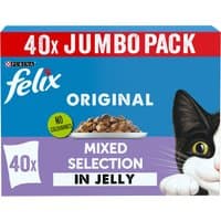 Felix Original Mixed Selection in Jelly, 40x85g, blue and purple box with cat image and "Jumbo Pack" label.
