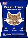 Fresh Paws Premium Wood Pellet Cat Litter, blue bag with cat silhouette and UK flag, 30 L size.