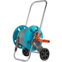 Gardena Clever Roll garden hose trolley with blue reel, silver frame, orange accents, and black wheels.