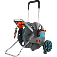 Gardena CleverRoll L Easy garden hose reel, gray with turquoise accents, sturdy wheels, and ergonomic handle.