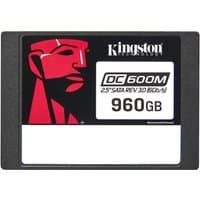 Black Kingston 960G DC600M 2.5” SATA SSD with red logo and white label displaying capacity and model details.