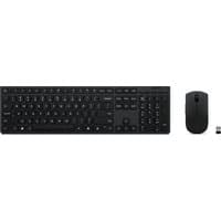 Black Lenovo wireless keyboard and mouse set with USB receiver, full-size keyboard layout, and sleek design.