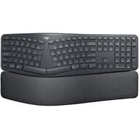 Ergonomic split keyboard, graphite color, wireless, semi-mechanical keys, cushioned palm rest, curved design.