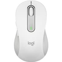 White Logitech Signature M650 L right-hand optical Bluetooth mouse with scroll wheel and logo on top.