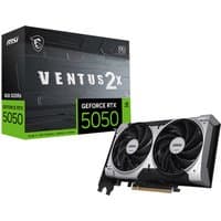 MSI GEFORCE RTX 5050 graphics card with dual fans, black and silver design, 8 GB GDDR6, Ventus 2X OC edition.