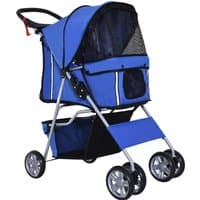 Blue PawHut dog pushchair with zipper entry, cup holder, storage basket, foldable design, and four wheels.