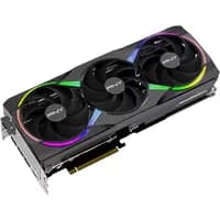PNY GeForce RTX 5080 graphics card, black with three cooling fans and RGB lighting accents, 16 GB GDDR7 memory.