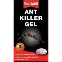 Black Rentokil Ant Killer Gel box with red logo, image of ant, and white text detailing indoor use and effectiveness.