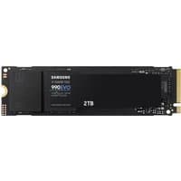 Black Samsung 990 EVO 2TB M.2 NVMe SSD with PCIe 4.0 interface and V-NAND TLC, featuring sleek design and gold connector.