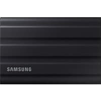 Black Samsung 2 TB USB Type-C external SSD with sleek, ribbed design and Samsung logo on the front.