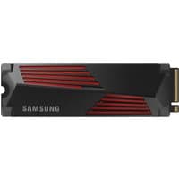 Black Samsung M.2 NVMe SSD with red accents and gold connector, model MZ-V9P1T0, PCI Express 4.0 interface.