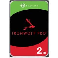Seagate IronWolf Pro 2TB internal hard drive with black, red, and green label featuring wolf logo.
