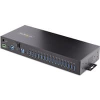 Black metal 16-port USB 3.0 hub with dual-host ports, ESD protection, and mounting options, by StarTech.com.
