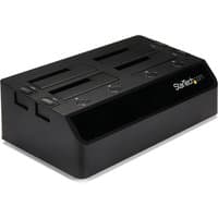 Black StarTech.com 4-bay USB 3.0 SATA docking station with top-loading slots and sleek rectangular design.