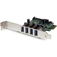 StarTech PCIe card with 4 USB 3.0 ports, green circuit board, silver bracket, and SATA power connector.