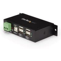 Black metal StarTech.com 4-port USB 2.0 hub with USB-A ports, green terminal block, and mounting brackets.