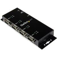 Black StarTech.com 4 Port USB to DB9 RS232 Serial Adapter Hub with DIN rail and wall mounting brackets.