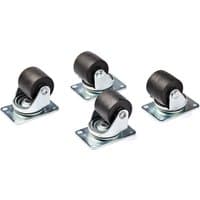 Set of four black and silver heavy-duty casters for server racks, featuring sturdy wheels and metal mounting plates.