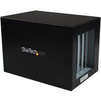 Black StarTech.com PCI Express to 4 Slot PCI Expansion System with visible slots and logo on the side.