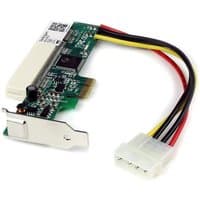 Green StarTech.com PCI Express to PCI adapter card with metal bracket and multicolored power cable.