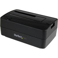 Black StarTech.com USB 3.1/eSATA to SATA docking station with top-loading bay for 2.5/3.5" HDD/SSD drives.