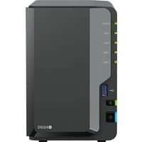Black Synology DiskStation DS224+ NAS with Intel Celeron, front USB port, LED indicators, and sleek vertical design.